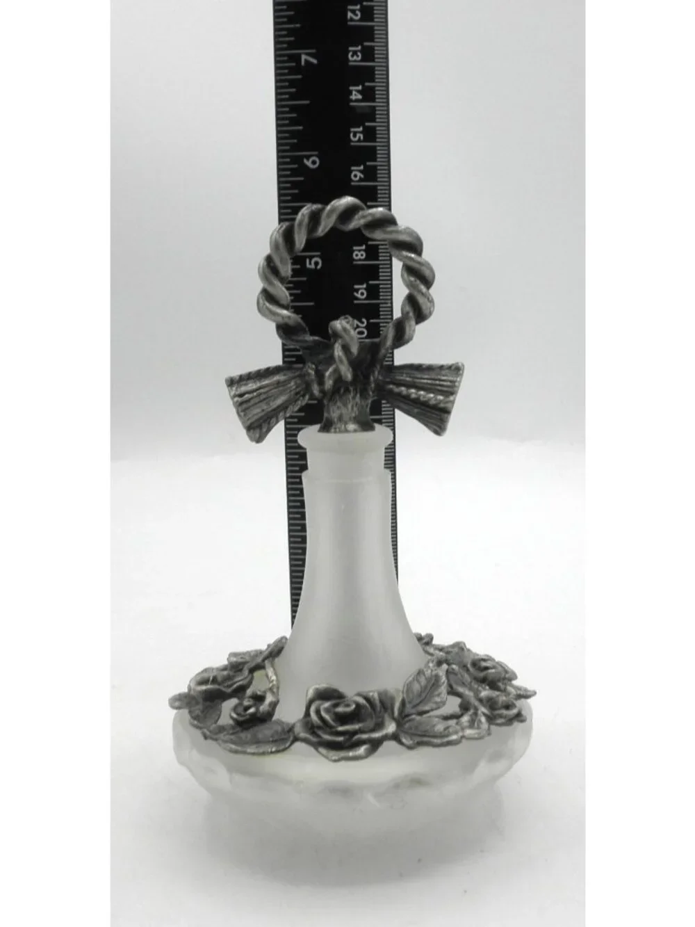 Vintage Clear Frosted Glass Vanity Bottle With Pewter Embellishments & Stopper